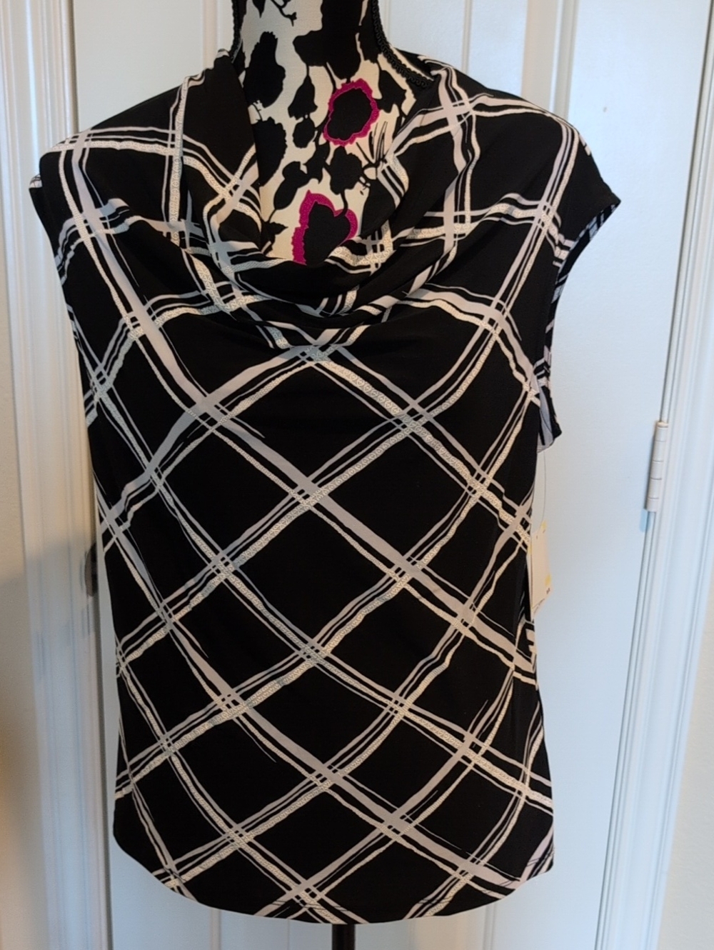 Kasper Black and White Grid-Print Cowl Neck Camisole Size Medium NWT